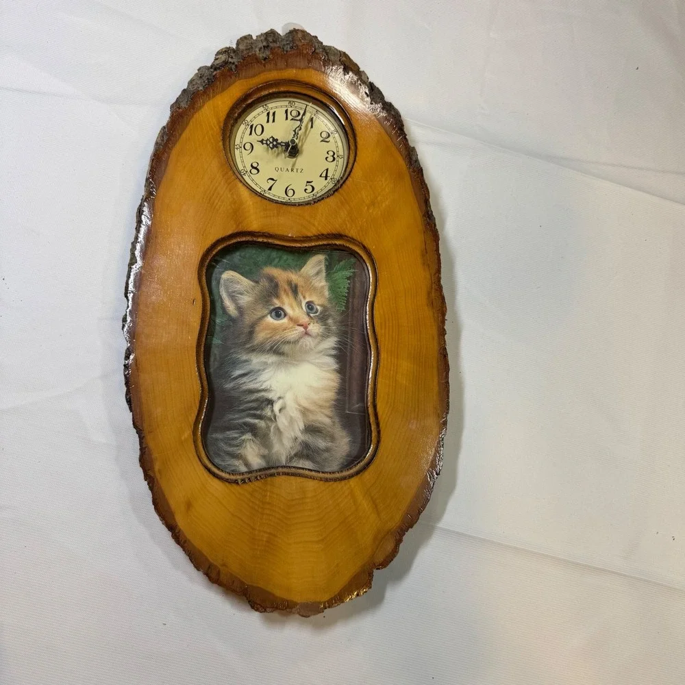 Vintage Live Edge‎ Wood Wall Clock Kitten Picture Frame Rustic Cabin Decor Brown